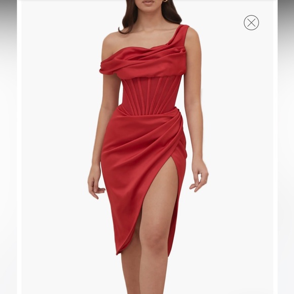 House of CB Lulu red dress- Red asymmetric draped corset midi satin dress - Picture 14 of 14